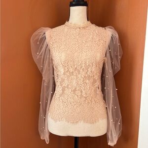 Cream and Pink Embellished Blouse with Puff Sleeves